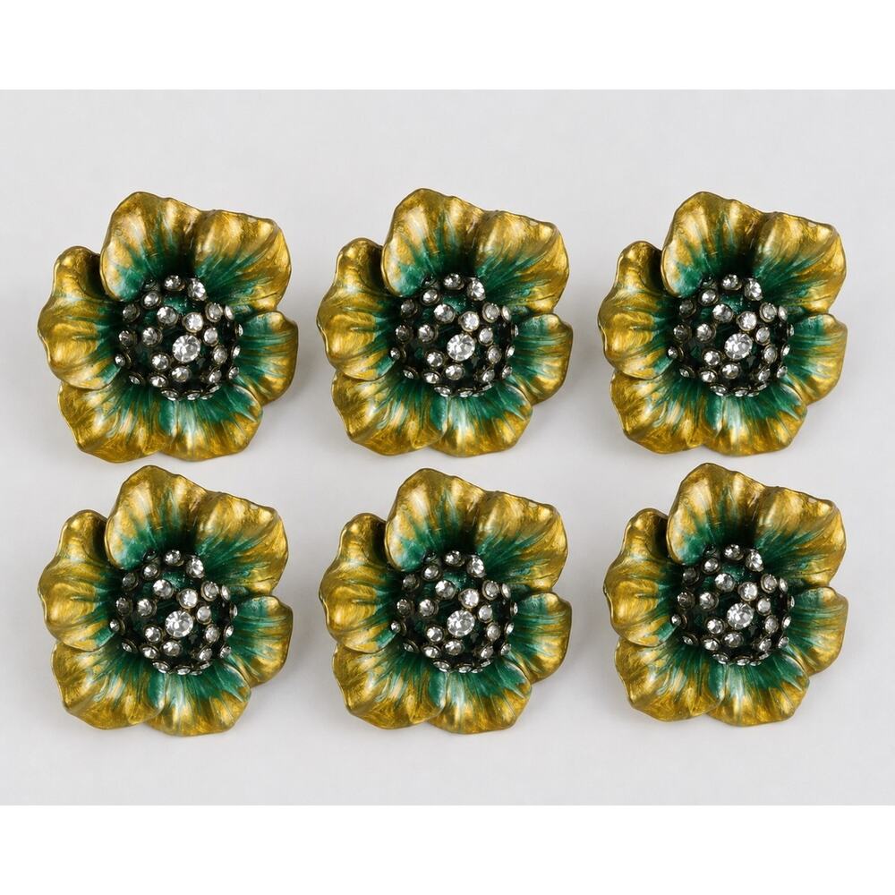 6 Vtg Nikky Home Cabinet Flower Knobs Drawer Pulls Turquoise Gold Rhinestone